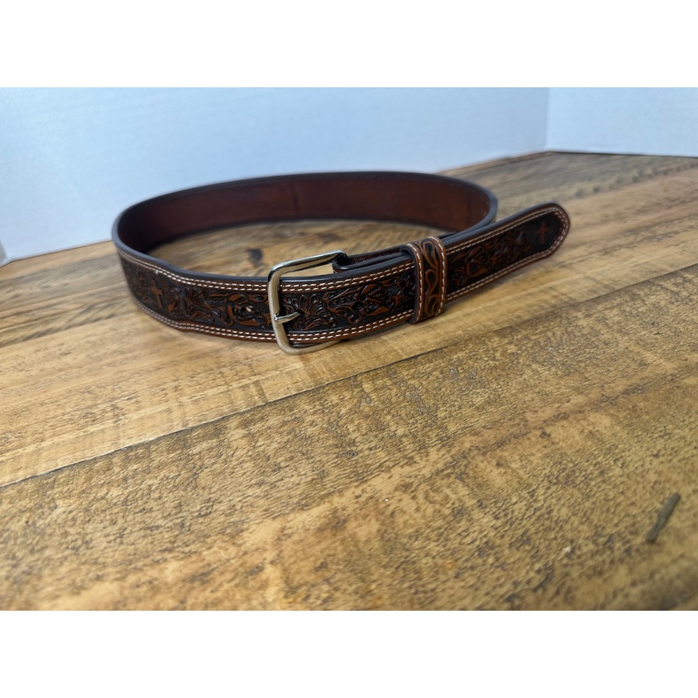 Mens size 28 Brown Genuine Leather Western‎ Cross Embossed Belt Silver Buckle